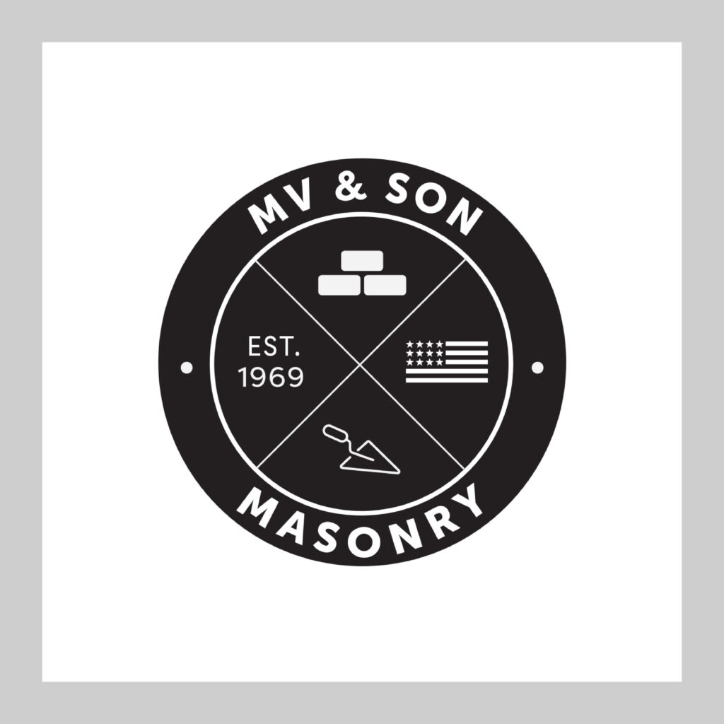 black and white top shelf design portfolio work sample of brand logo design for mv and son masonry