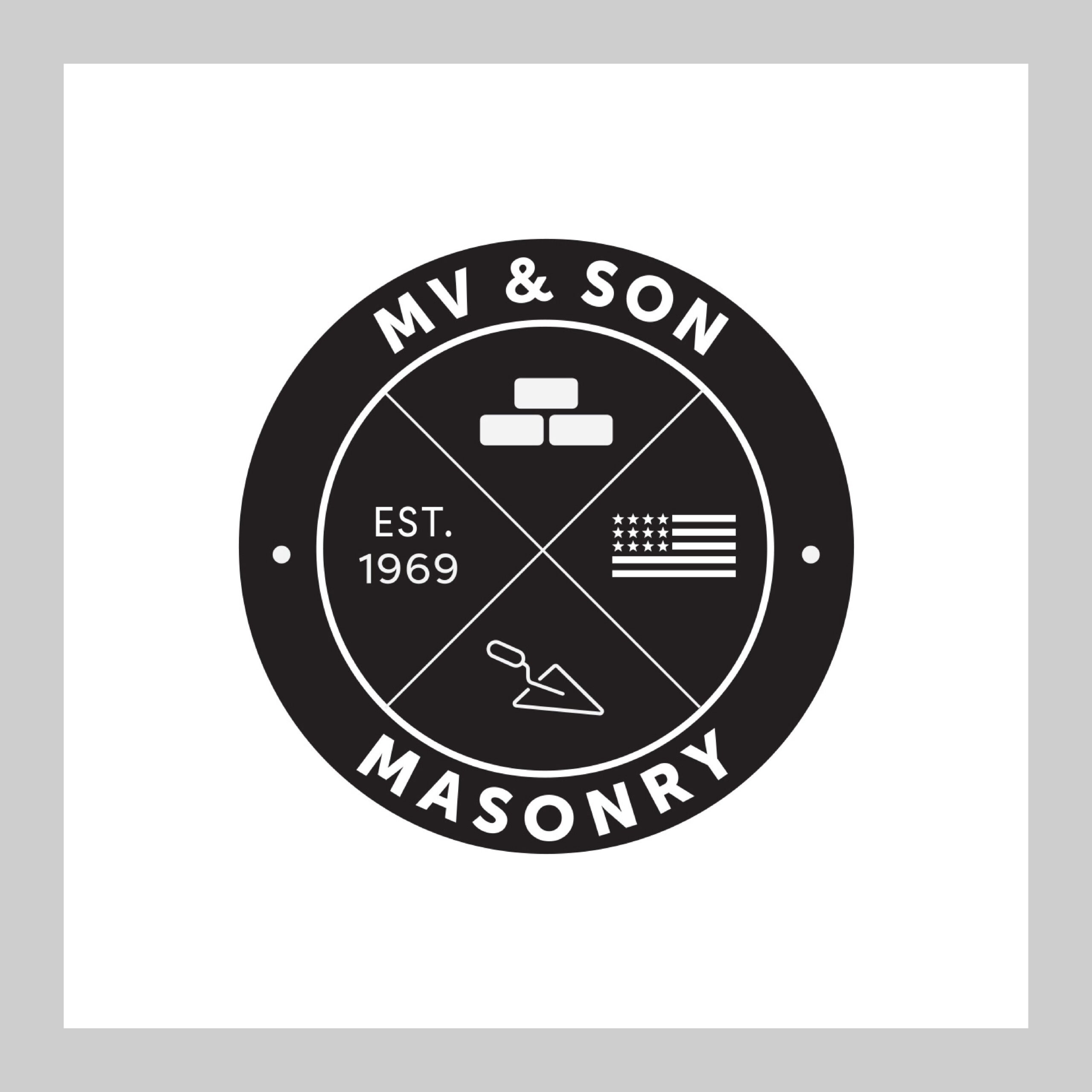 black and white top shelf design portfolio work sample of brand logo design for mv and son masonry