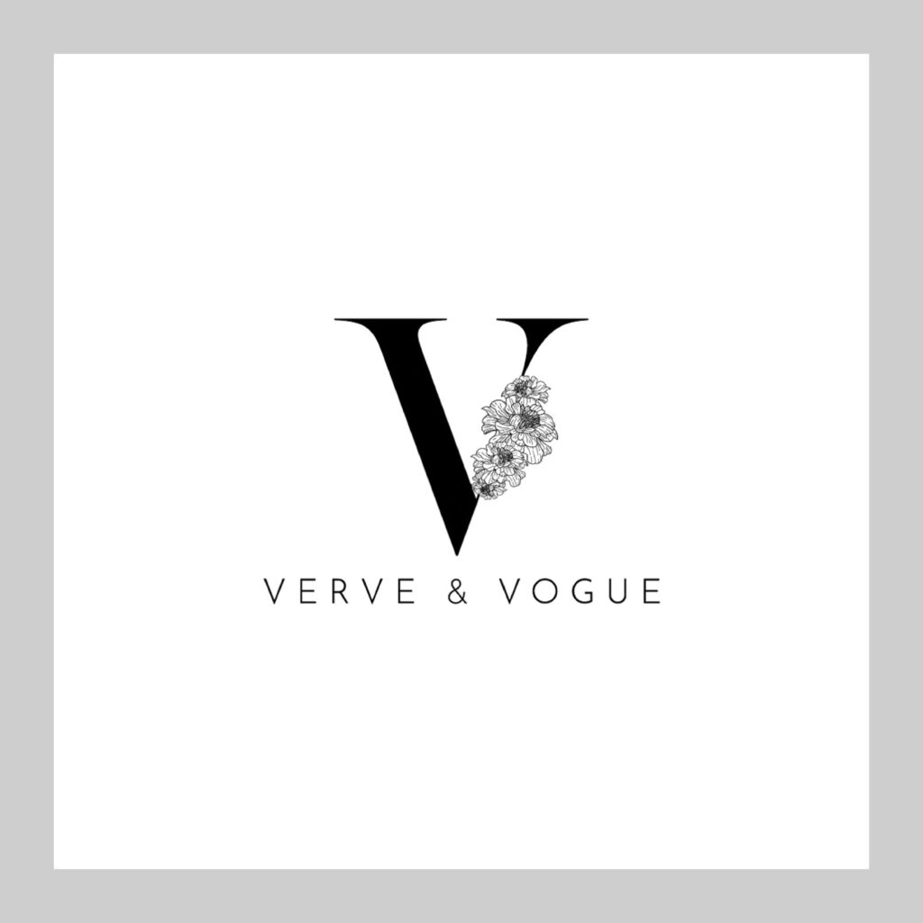 top shelf design portfolio work sample of print brand logo for verve and vogue with large v, flower