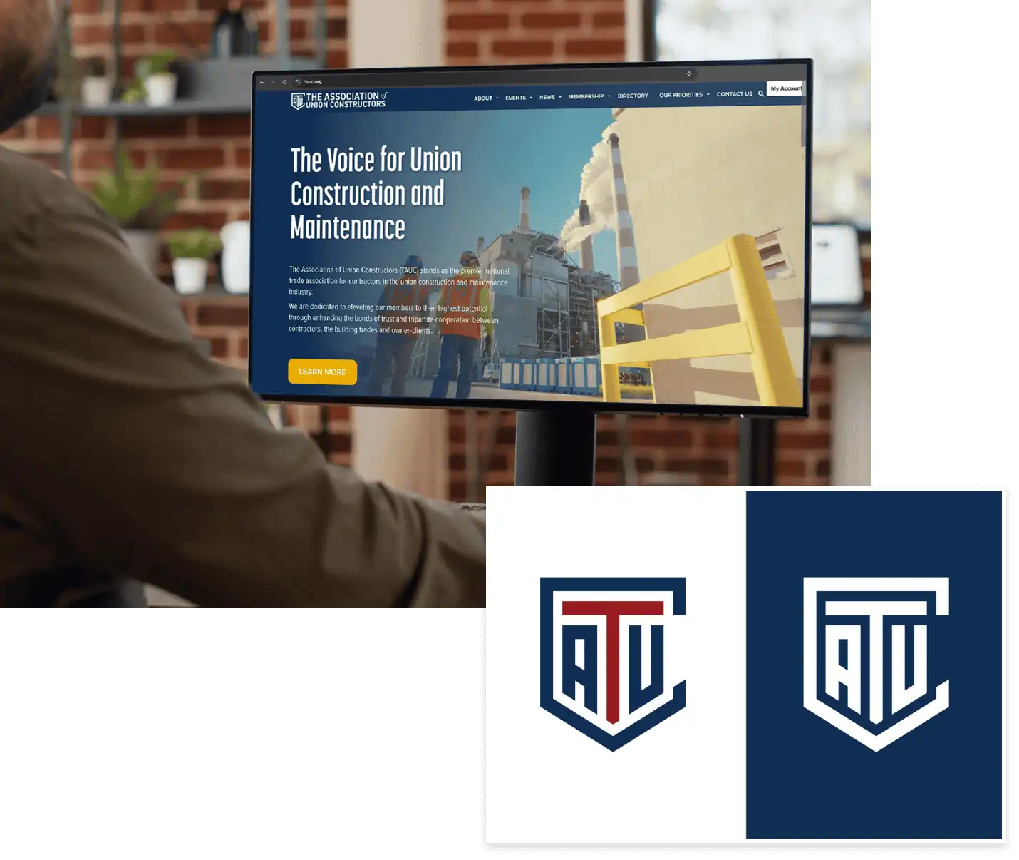 brand logo design work for top shelf client TAUC with person on TAUC website in background