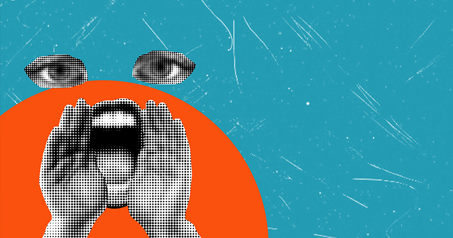Halftone illustration of hands cupping a mouth inside an orange circle, with eyes above on a blue textured background.
