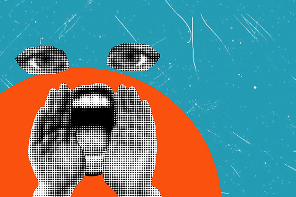 Halftone illustration of hands cupping the mouth in a shout, with wide eyes above on an orange circle against a blue background.